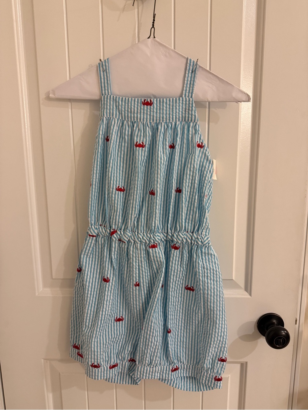 New Kelly’s Kids Blue & White Striped Seersucker Romper with Red Crabs 10/12